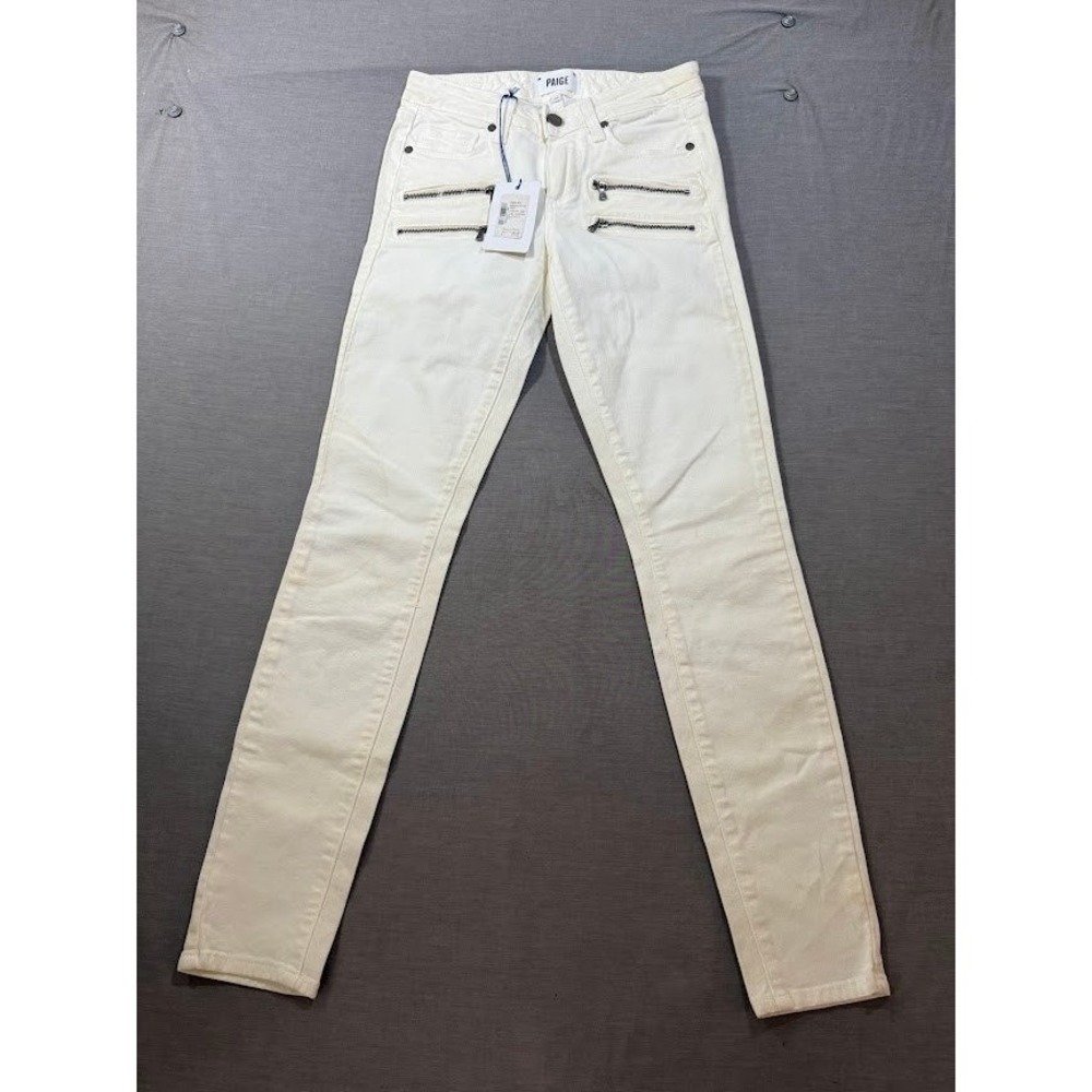 PAIGE Edgemont White Skinny Jeans Zipper Detail Low Rise Womens Size 25X28.